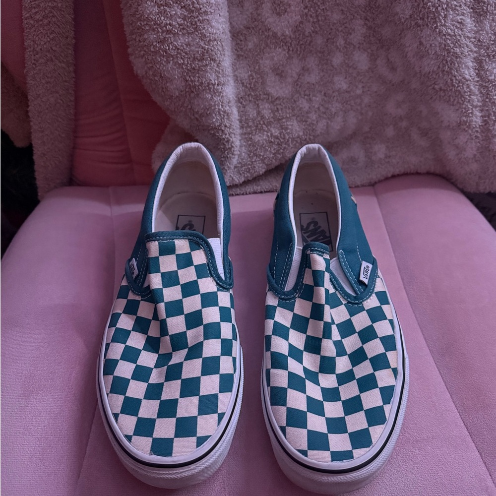Checkered Slip-On Shoes - Teal and White